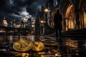 Cinematic image of Bitcoin and Ethereum coins on rain-soaked cobblestones outside a grand historic London court building at dusk, with a lone figure overlooking the illuminated City skyline.
