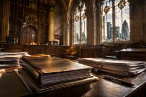 Historic British courtroom with witness statement bundles on counsel's desk, symbolising evidence in an HMRC Tax Tribunal appeal.