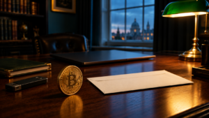 Gold Bitcoin coin and hardware wallet on a desk beside an unopened envelope.