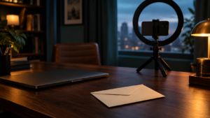 Unopened envelope on a desk in a home content studio, with a smartphone on a tripod and a ring light behind it.