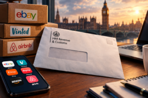 HMRC letter about eBay, Vinted and Airbnb income beside online marketplace parcels on a desk in London