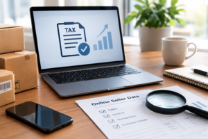 Realistic home-office desk with a laptop, parcels, online seller income report and magnifying glass illustrating HMRC digital platform reporting and UK online selling tax rules.