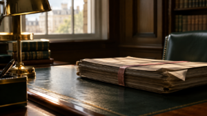 Photorealistic vintage London law chambers office featuring a ribbon-bound legal file on a dark walnut desk with green leather inlay, brass desk lamp, and traditional wood-panelled interior.