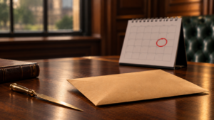 Red circled date on a calendar beside a brown envelope and brass letter opener, HMRC estimated tax bill deadline