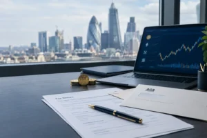 Cryptocurrency tax reporting documents and Bitcoin beside a laptop displaying crypto market data in a London office, illustrating HMRC crypto tax reporting rules.